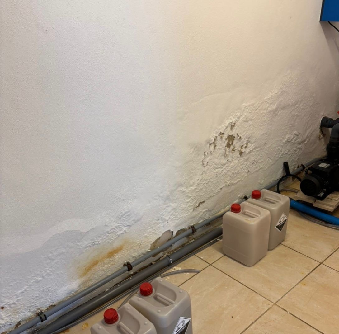 Wasserschaden Poolraum — Feuchtigkeitsschaden mit aufquellendem Putz